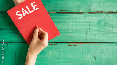 A hand holding a red paper with sale word for commercial use on a green wooden background photo