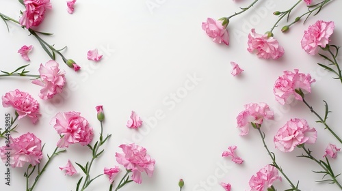 Pink carnations on white background with space for text