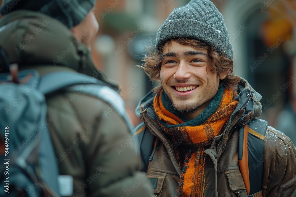 Portrait of an elated young man in winter clothing, conversing with someone outdoors on a cold day