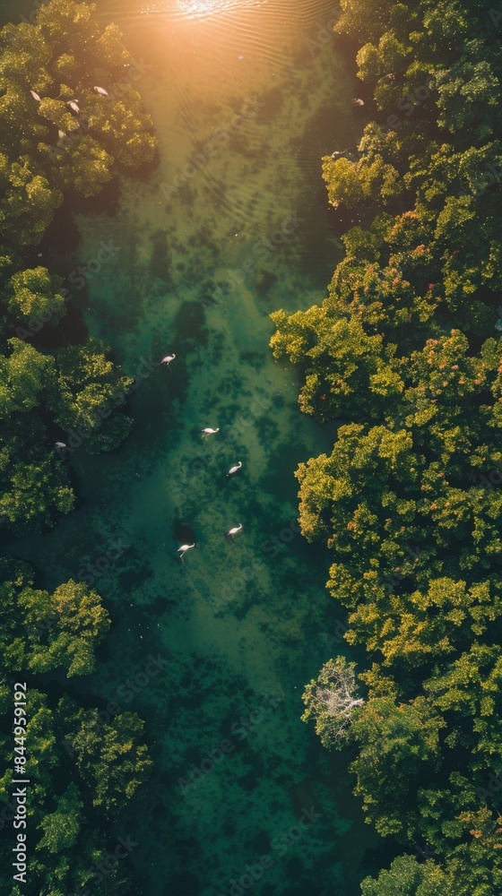 Aerial View of Lush Mangrove Forest with Flamingos Aerial View of Lush Mangrove Forest with Flamingos