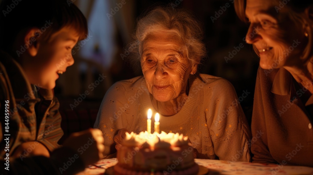 happy old grandmother with birthday cake at anniversary celebration home party with family after retirement. happy old grandmother with birthday cake at anniversary celebration home party with family after retirement.