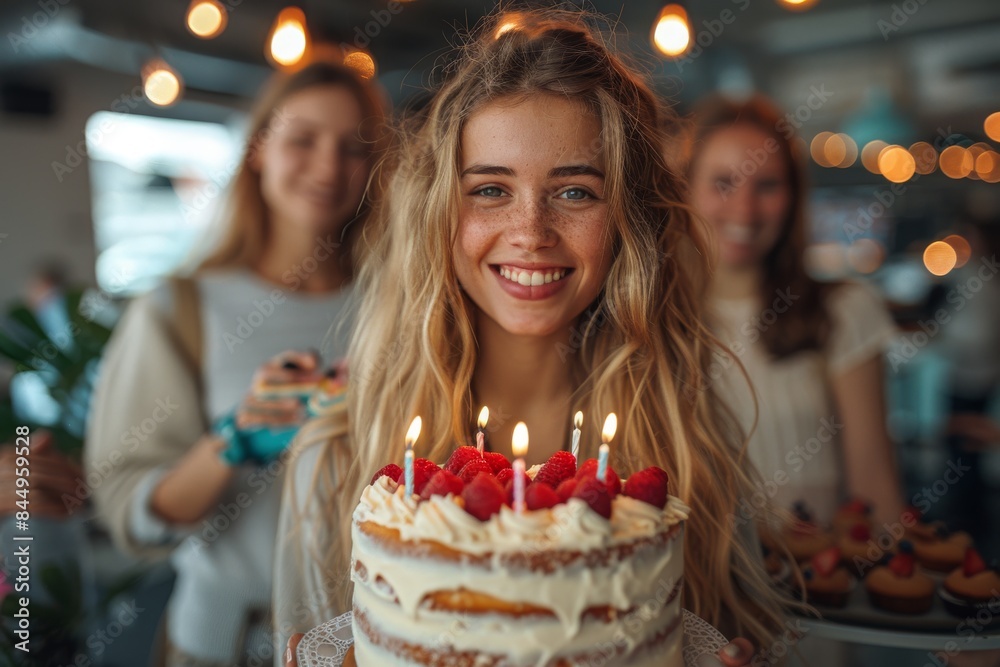 A young woman with a radiant smile is presented with a strawberry-topped birthday cake among friends A young woman with a radiant smile is presented with a strawberry-topped birthday cake among friends