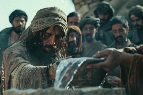 Miracle of Jesus Christ turning water into wine: a transformative event at Cana, demonstrating Christ's divinity and his ability to bring joy and abundance through divine intervention. photo