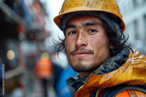 Close-up of a calm construction worker in safety gear at a construction site, reflecting the human aspect of labor © Larisa AI