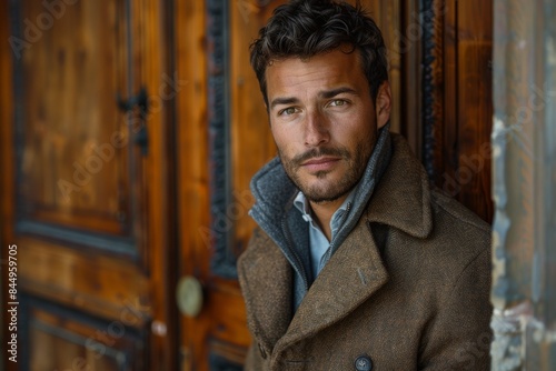 A man in a coat stands confidently by a doorway, exuding urban style