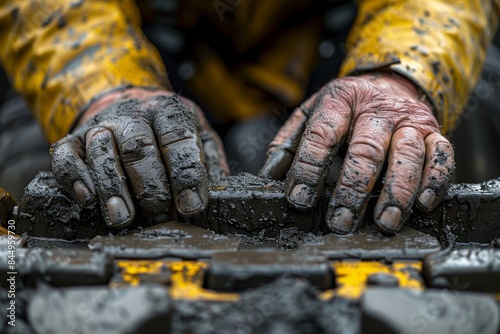 Close-up of dirty, protective-gloved hands working on greasy gears, showing toil