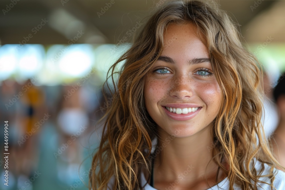 Radiant young woman outdoors smiling brightly, with infectious joy and a carefree aura Radiant young woman outdoors smiling brightly, with infectious joy and a carefree aura