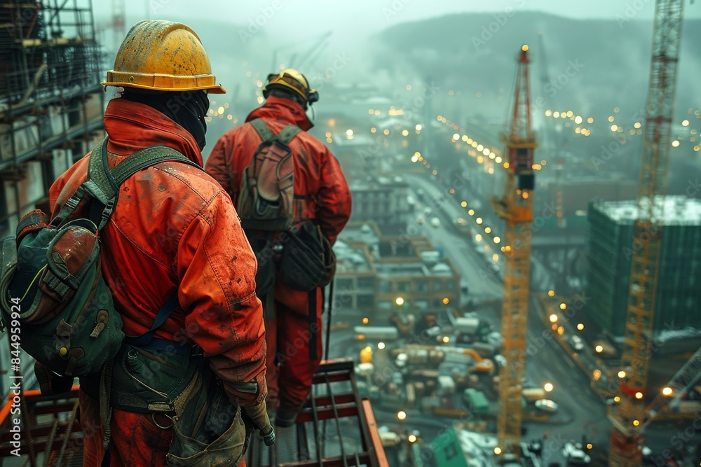 Overlooking a hazy construction site, two workers in high-visibility safety gear stand at dawn or dusk Overlooking a hazy construction site, two workers in high-visibility safety gear stand at dawn or dusk