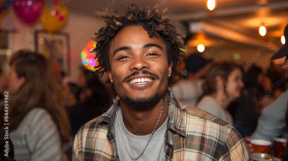 A man with dreadlocks smiling at the camera in a party, AI A man with dreadlocks smiling at the camera in a party, AI
