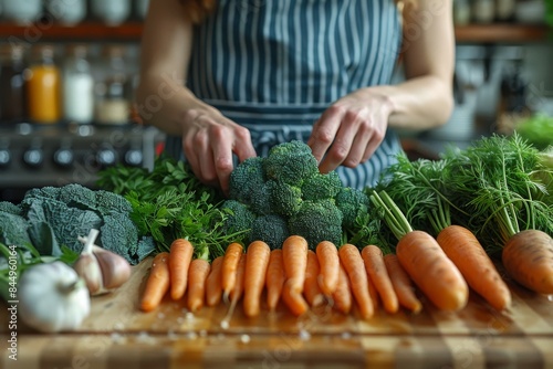 Hands arranging carrots and broccoli on a cutting board, in preparation for a meal Person's torso wearing a striped apron is visible photo