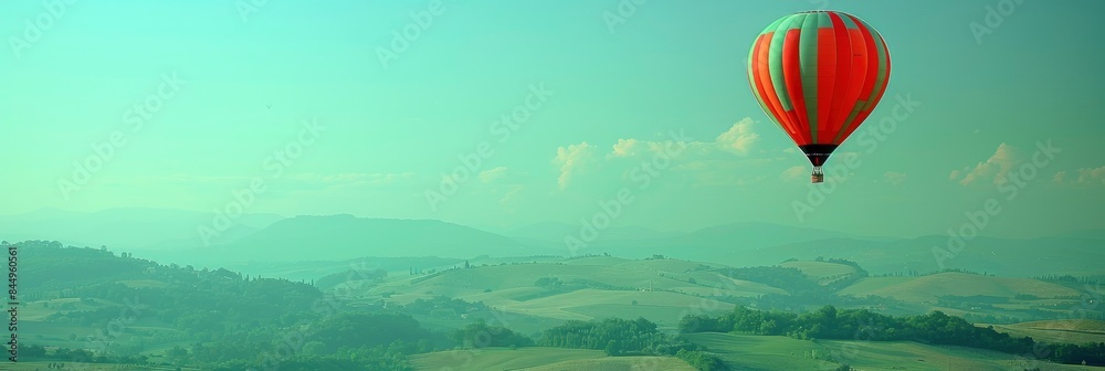 Fototapeta premium A hot air balloon gently floating over a valley