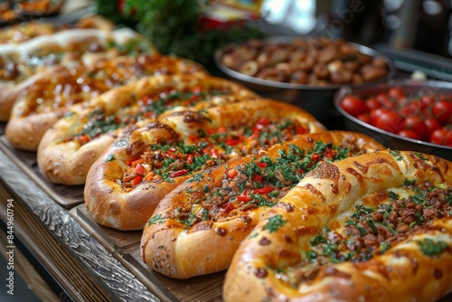 Warm, freshly-baked pizzas topped with seasoning and herbs, beautifully presented for sale at a gourmet bakery photo