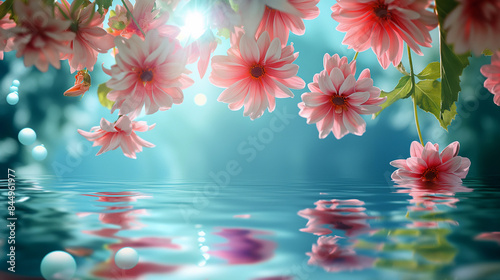 Natural background, flowers under water by water. Flowers floating under water and illuminated by sun rays