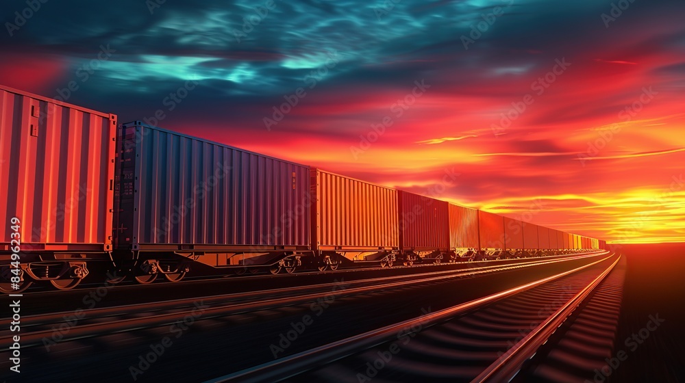 Fototapeta premium Freight Train at Sunset. generative AI