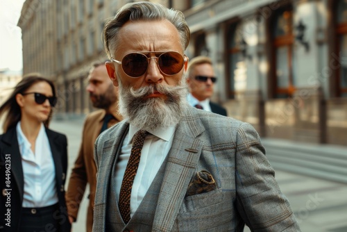 Stylish bearded man in sunglasses on the street. Men's beauty, fashion.