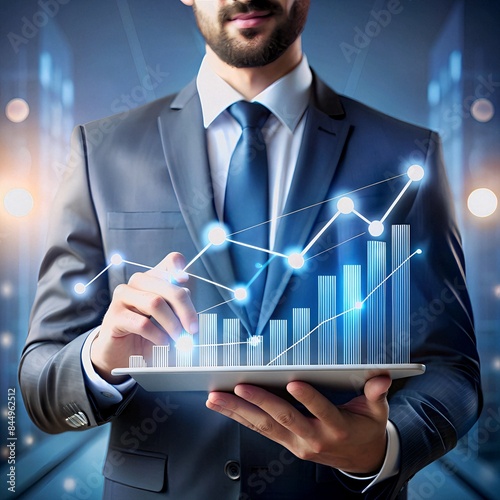 digital online marketing Financial and investment business planning and development. Businessman analyzing growth sales data graph on modern interface icons