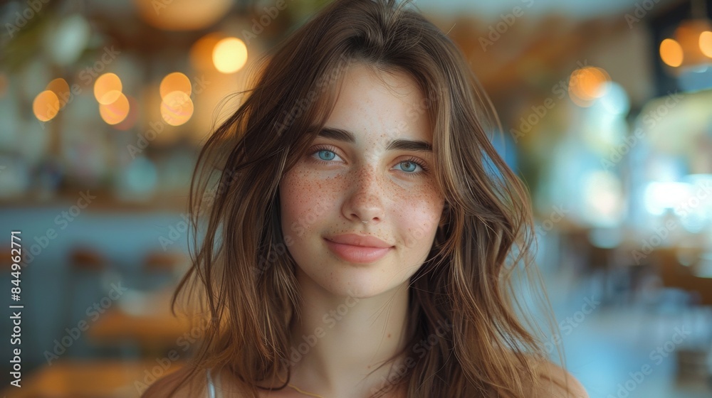 Fototapeta premium A woman with freckles and a white tank top smiling, AI