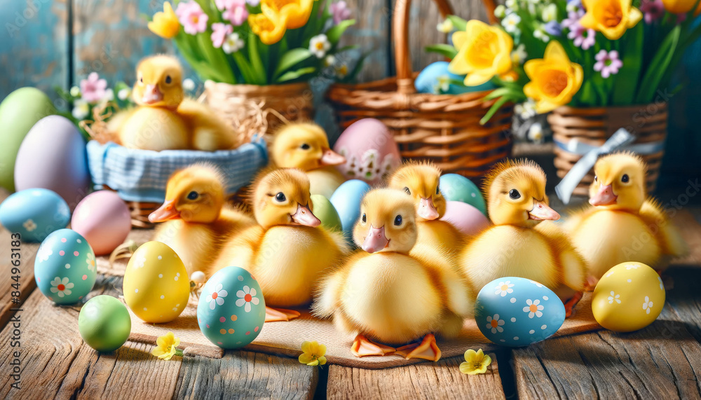Adorable yellow ducklings surrounded by pastel colored Easter eggs, festive springtime scene.
