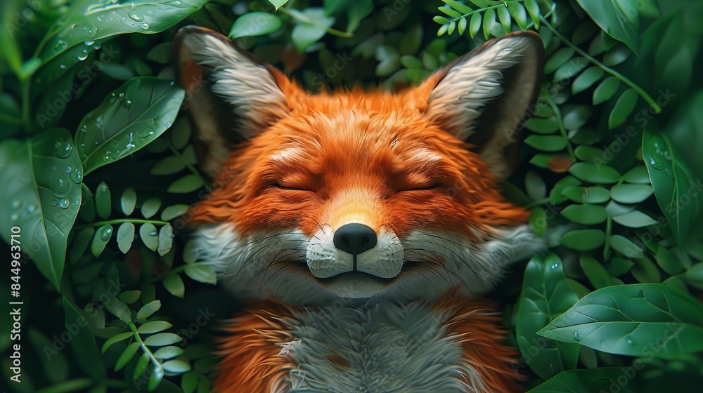 Fototapeta premium A serene close-up of a sleeping fox surrounded by lush green leaves, radiating calm and tranquility.