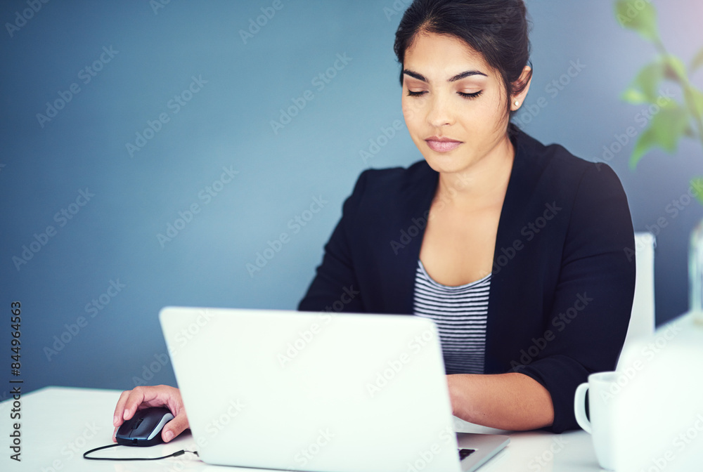 Businesswoman, work and office with laptop on desk, online review and browsing or project info on company website. Mock up, professional and social networking, administrator and planning schedule Businesswoman, work and office with laptop on desk, online review and browsing or project info on company website. Mock up, professional and social networking, administrator and planning schedule
