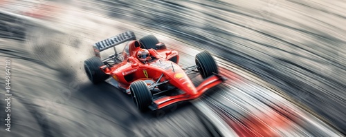 Blurry motion of a red Formula 1 car racing