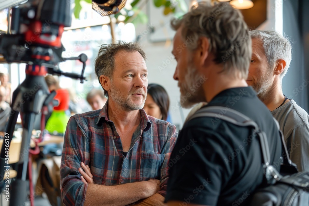 Front view of a senior man talking to a male colleague in a cafe Front view of a senior man talking to a male colleague in a cafe
