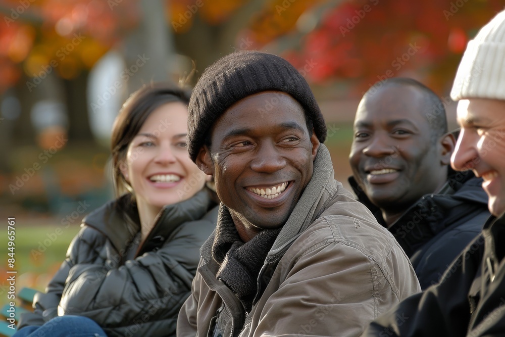 Portrait of happy african american man with friends in autumn park Portrait of happy african american man with friends in autumn park