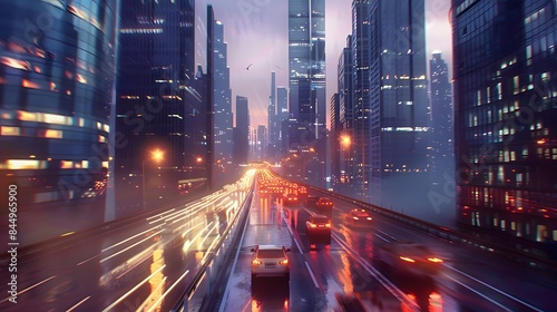 the graceful movement of evening traffic on a city highway, framed by towering modern skyscrapers, each illuminated by the warm glow of twilight, creating a mesmerizing urban symphony. Realistic HD