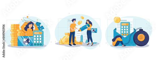 Characters having financial problems, debts and loans. People holding long bill, reading letter from collection agency and carrying debt. Flat cartoon vector illustration and icons set.