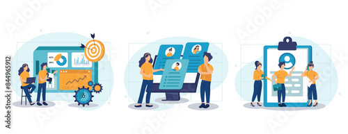 HR and headhunter service abstract concept vector illustration set. Human resources, candidates, performance management, find employee, job applicant, HR management software abstract metaphor.