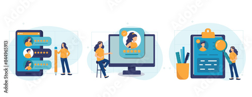 Hiring illustration set. Hr managers searching new employee, reading CV and giving job candidate review. Character applying for work position. Job recruitment process concept. Vector illustration.