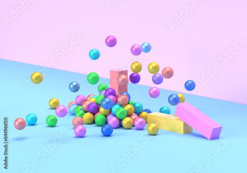 Fototapeta Naklejka Na Ścianę i Meble -  Colorful geometric shapes, balloons flying in different directions and cubes. 3d render on the theme of a holiday, birthday, entertainment, sweets, bright colors, good mood. Pink and blue background.