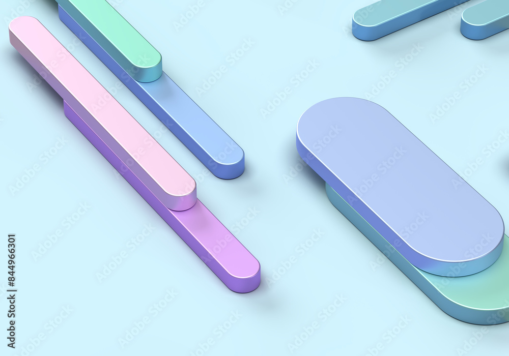 Obraz premium Abstract pattern of geometric metal shapes of rounded rectangles, cubes. Delicate, pastel colors of purple, pink. 3d rendering on the theme of design, fashion, style, bank, finance. Blue background.