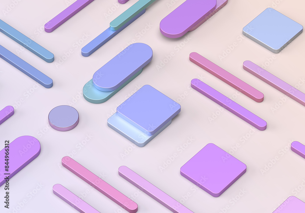 Abstract pattern of geometric shapes of rounded rectangles, cubes. The bedding is purple, pink. Metal coins. 3d render on the theme of tenderness, design, fashion, style. Pink background. Abstract pattern of geometric shapes of rounded rectangles, cubes. The bedding is purple, pink. Metal coins. 3d render on the theme of tenderness, design, fashion, style. Pink background.