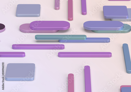 Abstract pattern of geometric metal shapes of rounded rectangles, cubes. Delicate, pastel colors of purple, pink. 3d rendering on the theme of design, fashion, style, bank, finance. Rose background.