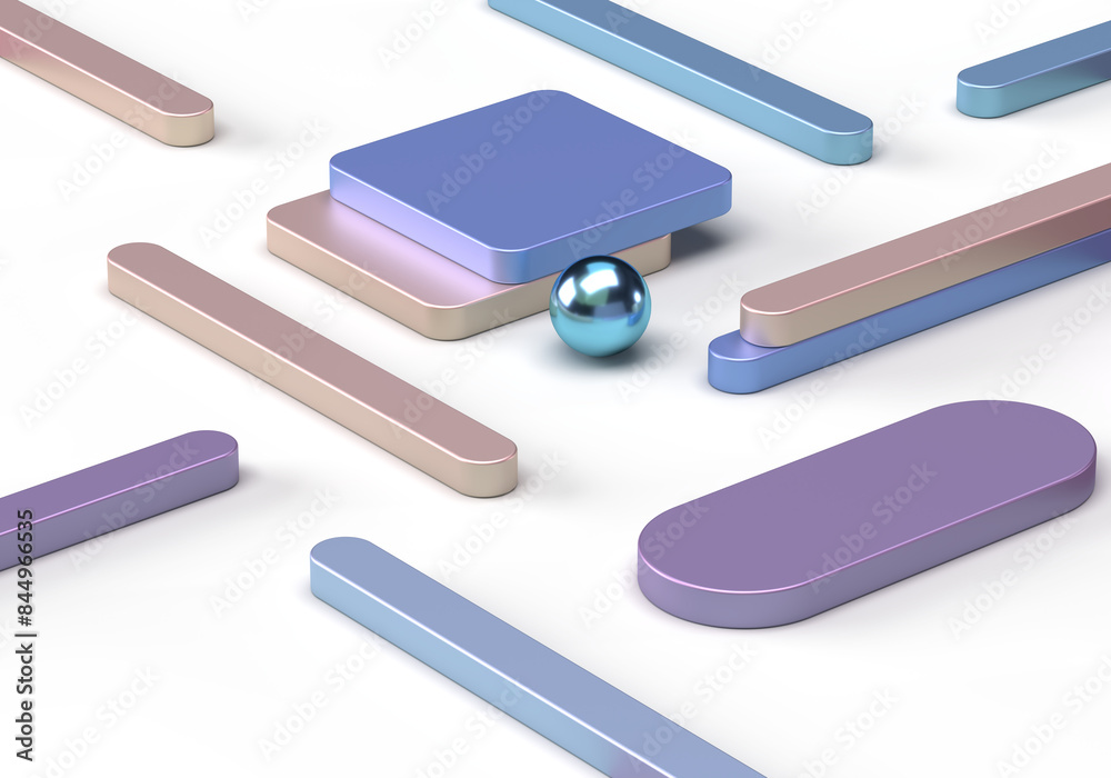 Abstract pattern of geometric shapes of rounded rectangles, cubes. The bedding is purple, pink. Metal ball. 3d render on the theme of tenderness, design, fashion, style. Transparent background. Abstract pattern of geometric shapes of rounded rectangles, cubes. The bedding is purple, pink. Metal ball. 3d render on the theme of tenderness, design, fashion, style. Transparent background.