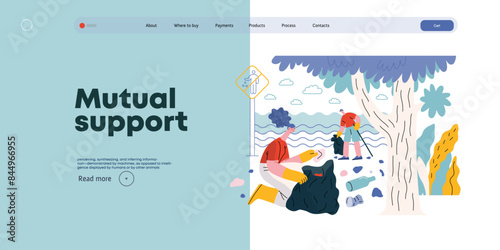 Mutual Support: Cleaning up trash, Garbage collection -modern flat vector concept illustration of people collecting trash on the beach A metaphor of voluntary, collaborative exchanges of resource