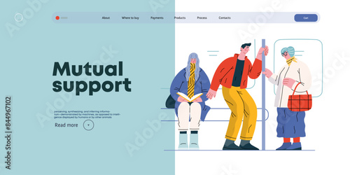 Mutual Support Giving up seat in public transport -modern flat vector concept illustration of man offering his seat to elderly woman on bus A metaphor of voluntary, collaborative exchanges of services