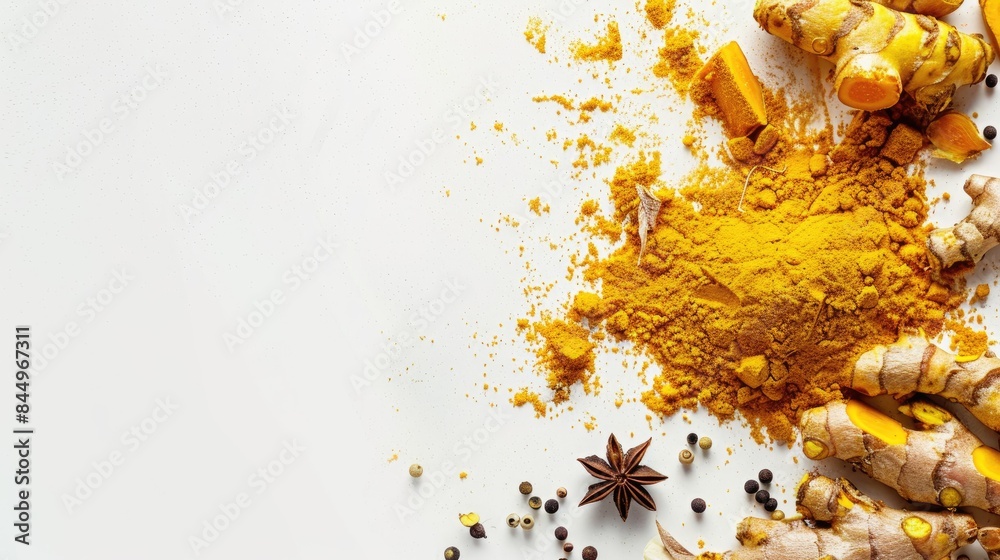 Fototapeta Turmeric powder spices and dried root on a blank white background for adding text