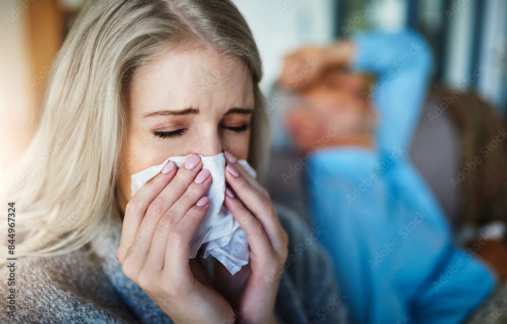 Sick woman, flu and blowing nose with tissue on sofa for influenza, virus or infection at home. Female person with cold, hayfever or sinus for sneeze, allergies or illness in living room at house Sick woman, flu and blowing nose with tissue on sofa for influenza, virus or infection at home. Female person with cold, hayfever or sinus for sneeze, allergies or illness in living room at house