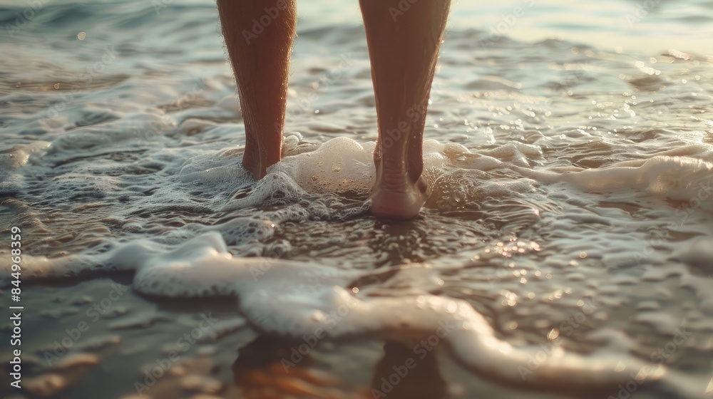 Man s legs on the shore with ocean waves Man s legs on the shore with ocean waves