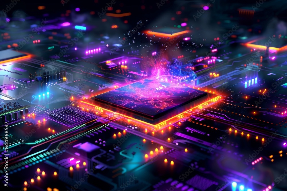 Obraz premium Vibrant AI microchip glowing in a futuristic digital circuit board, showcasing advanced technology and innovation in a colorful, neon lit setting