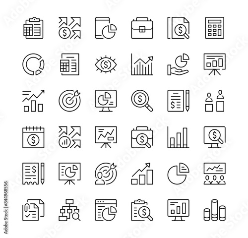 Financial analysis icons set. Vector line icons. Black outline stroke symbols