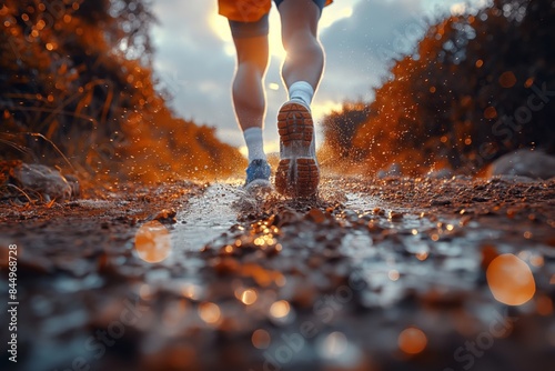 Running through a sunlit forest path with splashes