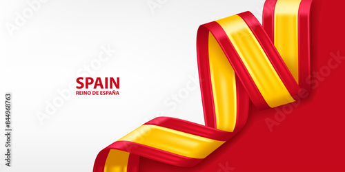 Spain 3D ribbon flag. Bent waving 3D flag in colors of the Spanish national flag. National flag background design.