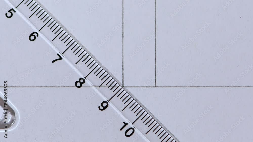 Close-up pencil drawing 45 degree angle line across another line plastic Set Square white paper copy space 