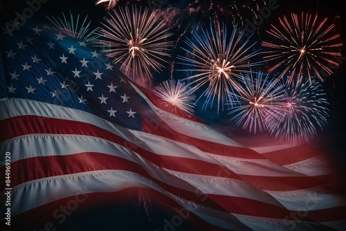 Waving American flag with big explosion fireworks in the background. 4th of July image concept.