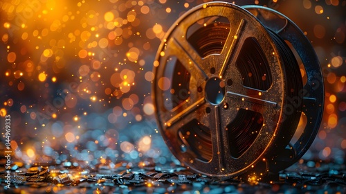 the nostalgia of old cinema with a high-definition, realistic image of vintage film reels against a bokeh background, evoking the timeless charm of classic movies. Realistic HD
