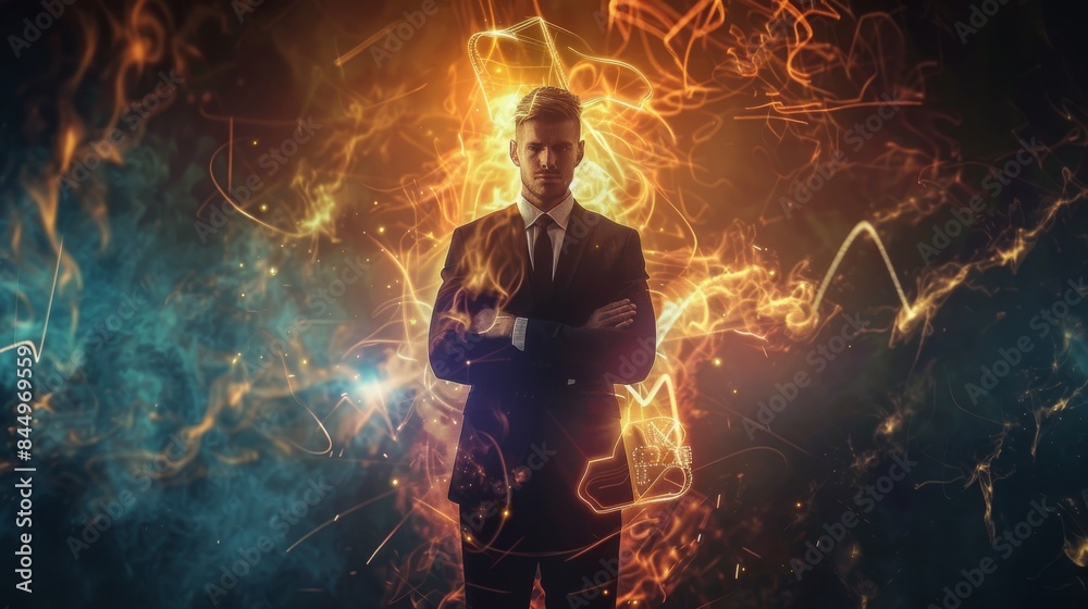 Businessman Empowered by Energy Aura Surrounded by Financial Graphs in Dark Ambiance Businessman Empowered by Energy Aura Surrounded by Financial Graphs in Dark Ambiance