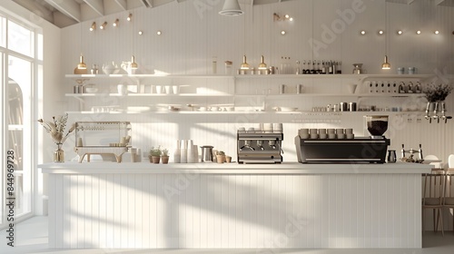 the pristine elegance of a white coffee shop interior, accentuated by a sleek bar counter bathed in warm, inviting light, creating a cozy ambiance for patrons to unwind  photo